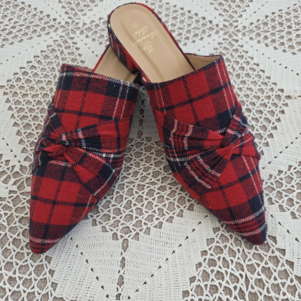 Amanda Blu Red Plaid Mules with Bow Detail Size 10 - Picture 5 of 7